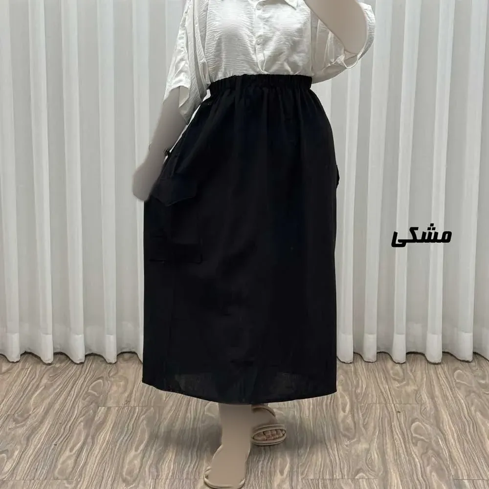 دامن زنانه مدل کارگو جنس لینن فری سایز مناسب تا 44