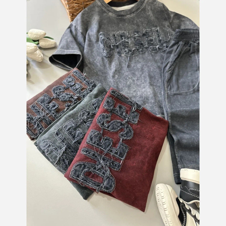 ست بلوز شلوارک پسرانه طرح سنگ شور اسپرت نخ پنبه