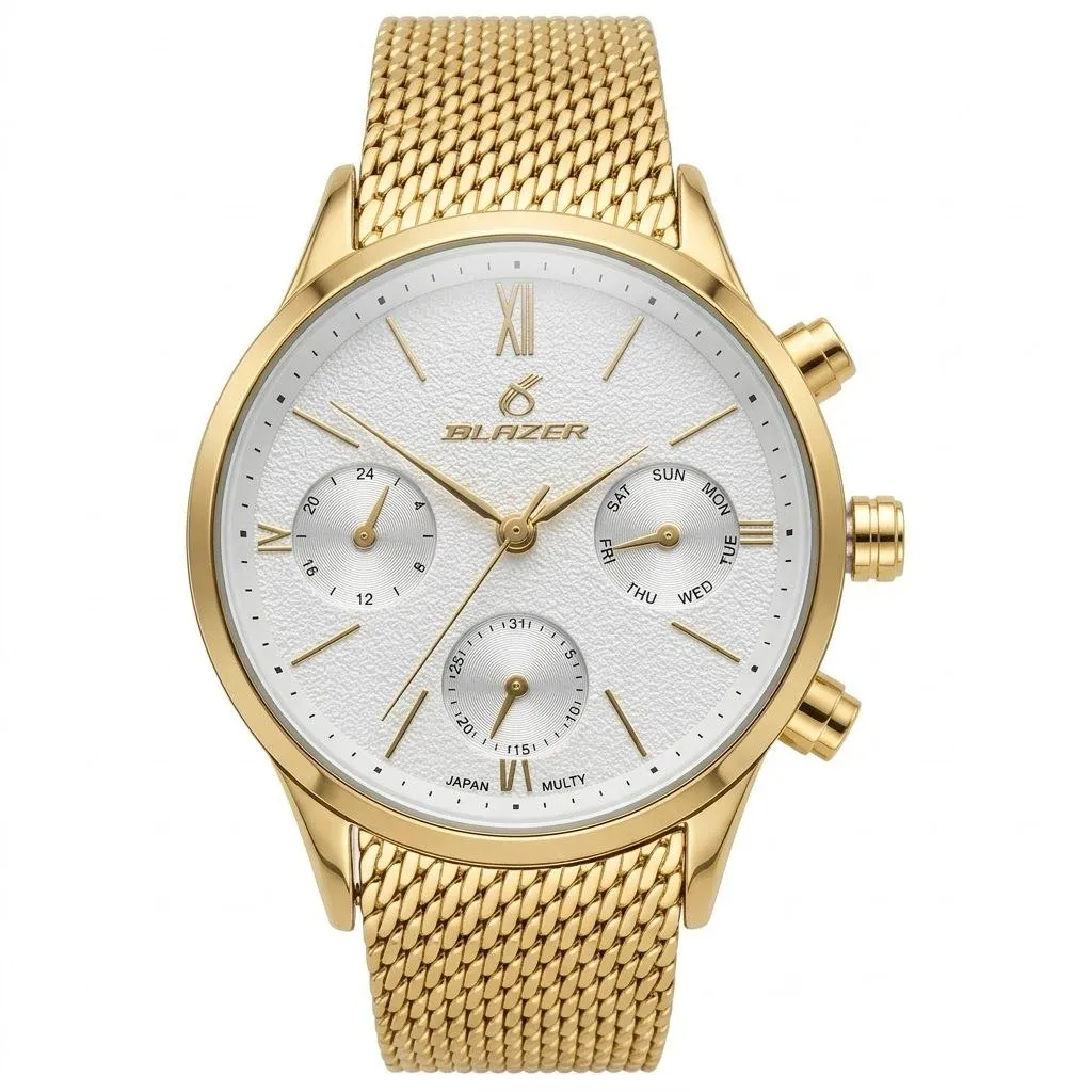 ساعت مچی زنانه بلیزر طلایی صفحه سفید بند حصیری فول تایم رفرانس 3175