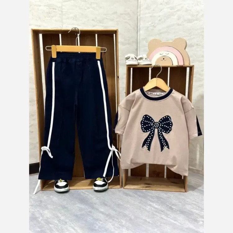 بلوز شلوار دخترانه مدل پاپیون مرواریدی لن استایل سایز 45 تا 65